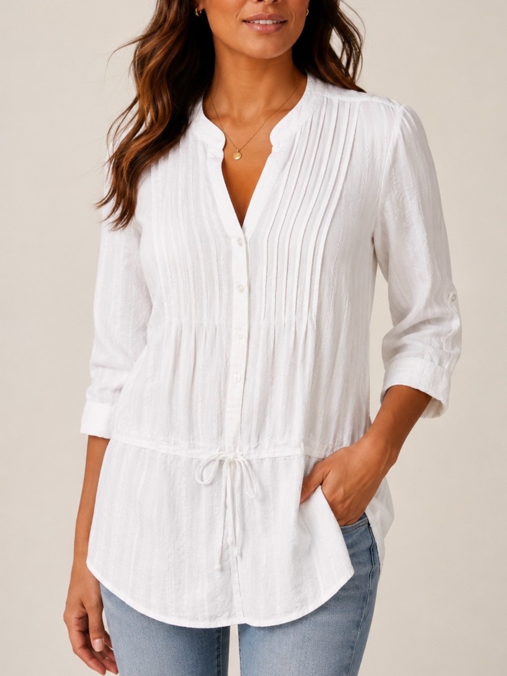 Mossimo Supply Co. Pintuck Roll-Tab Sleeve Drawstring Waist Tunic Blouse